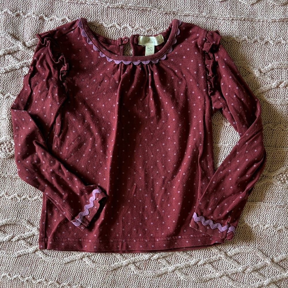 Matilda Jane Maroon Polka Dot Long Sleeve Top with Lilac Trim